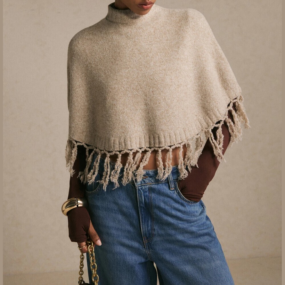 Tan Fringe Hem Mock Neck Cropped Poncho Cape Sweater